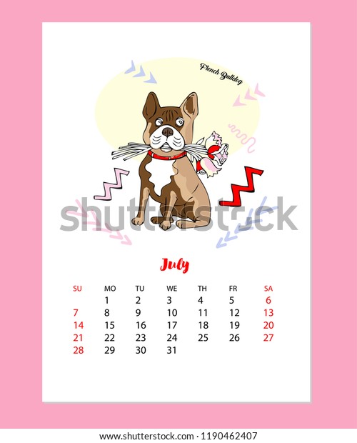 Vektor Stok July Calendar 2019 Funny French Bulldog Tanpa Royalti 1190462407