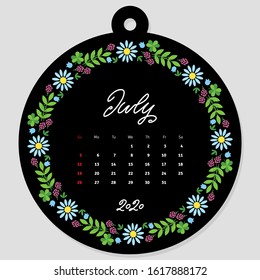 July calendar 2020. Calendar template decorated with hand lettered name of months of the year on background of beautiful floral circle frame. Vector illustration 8 EPS.
