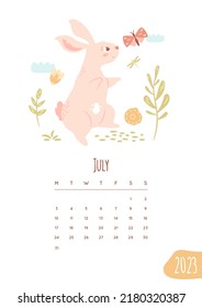 July calendar 2023 page. Cute bunny walking on nature, explore insects. Baby rabbit with butterfly, dragonfly on abstract landscape, flowers, branches and clouds. Vector illustration. Planner template