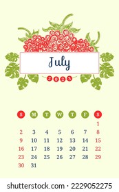 July calendar 2023. Raspberry fruits. Week starts on Sunday. English template