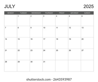 July calendar 2025 start on monday