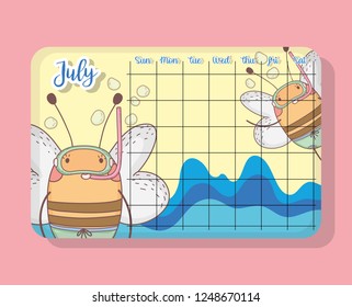 july calendar with bees cute animal