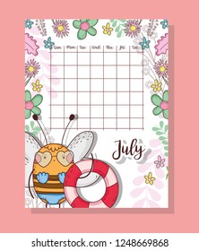 july calendar with cute bee animal