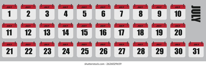 July Calendar Days Full Month Set, Dates 1st to 31st Vector Illustration