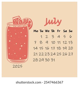 July calendar design for 2025 with a glass of cool pink watermelon-lime smoothie. The summer month. A painted calendar planner in a minimalistic style, an annual organizer. Numbers for every day