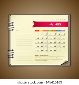 July Calendar diary note paper, vector illustration