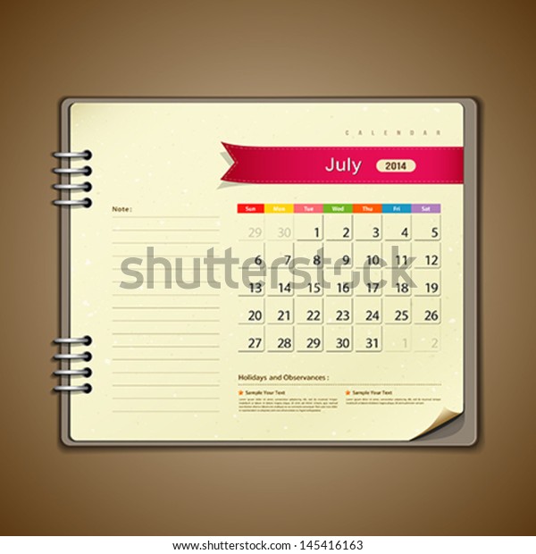 July Calendar Diary Note Paper Vector Stock Vector (Royalty Free ...