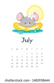 July calendar flat vector illustration. Children planner for summer 2020. Basic grid design with mascot. Organizer template with text and numbers on white background. Cute mouse swimming in sea