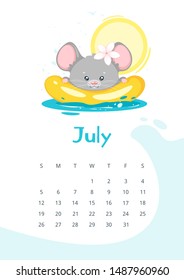 July calendar flat vector template. Children planner for summer 2020. Basic grid design with mascot. Organizer with text and numbers on white backdrop. Adorable mouse swimming in sea illustration