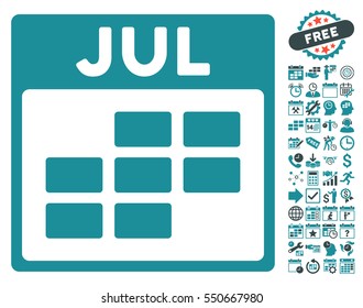 July Calendar Grid icon with bonus calendar and time management clip art. Vector illustration style is flat iconic symbols, soft blue, white background.