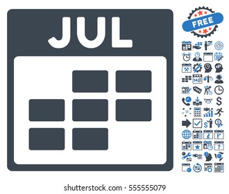 July Calendar Grid icon with bonus calendar and time management icon set. Vector illustration style is flat iconic symbols, smooth blue, white background.