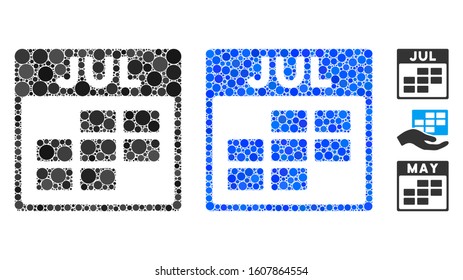 July calendar grid mosaic of round dots in various sizes and color tints, based on July calendar grid icon. Vector round dots are composed into blue mosaic.