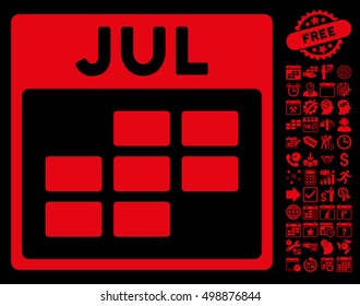 July Calendar Grid pictograph with bonus calendar and time management images. Vector illustration style is flat iconic symbols, red, black background.