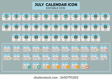 Colección de iconos de calendario de julio: Vector editable para planificación y Organización en azul claro