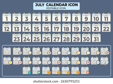 July calendar icon set showcasing a full month with various dates and reminders in a flat design
