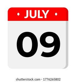 July 9– Calendar Icon. Calendar icon with shadow. Flat style. Date, day and month. Reminder, Vector Illustration. Organizer application, app symbol. Ui. User interface sign.