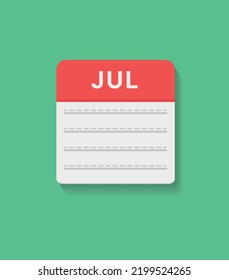 Icono de calendario de julio, ilustración plana vectorial. colores rojo, gris y verde.