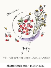 July calendar with ink calligraphy elements and wild strawberries and daisy buquet on a plate top view. Summer ink and watercolor stain illustration.