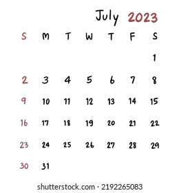 July calendar month doodle handwritten 