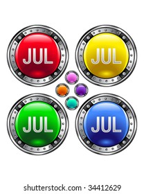 July calendar month icon on round colorful vector buttons suitable for use on websites, in print materials or in advertisements.  Set includes red, yellow, green, and blue versions.