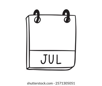 July calendar month page hand drawn doodle icon. Outline line symbol for planning. Single calendar element. Vector illustration