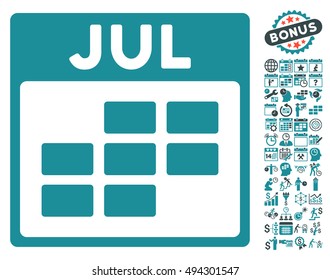 July Calendar Page pictograph with bonus calendar and time management symbols. Vector illustration style is flat iconic bicolor symbols, soft blue colors, white background.