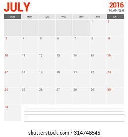 July Calendar Planner 2016 Vector Design Template. Week Starts Sunday. vector illustration