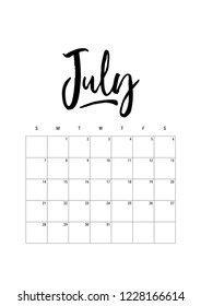 July. Calendar planner 2019, week starts on Sunday. Part of sets of 12 months. Wall desk calendar vector template print A4 size, simple black and white minimal design ink hand drawn lettering