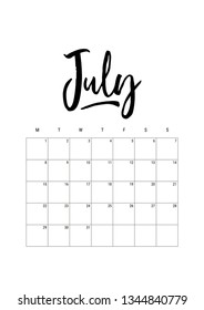 July. Calendar planner 2019, week starts on monday. Part of sets of 12 months. Wall desk calendar vector template print A4 size, simple black and white minimal design ink hand drawn lettering