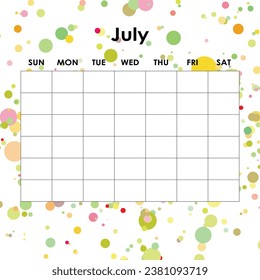 July. Calendar planner. Corporate week. Template layout, 12 months yearly, white background. Simple design for business brochure, flyer, print media, advertisement. Week starts from Monday.