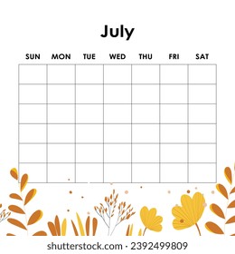 July. Calendar planner. Corporate week. Template layout, 12 months yearly, white background. Simple design for business brochure, flyer, print media, advertisement. Week starts from Monday.
