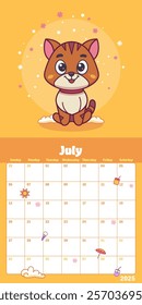 July calendar planner featuring a cute kitten sitting on a cloudy platform in a warm yellow summer theme. Vector illustration.