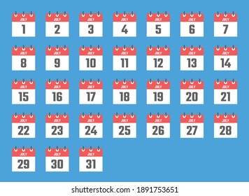 july calendar sign set vector illustration, color signs for all dates of the july