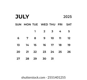 Modelo de calendário de julho para o ano de 2025. Calendário de parede em um estilo minimalista.