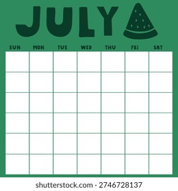 July Calendar Template on Green Background. Undated Monthly Grid with White Cells