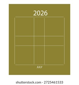 Plantilla del calendario de julio de 2026 Ilustración vectorial. Recordatorio mensual.
