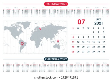 July Calendar year 2021 and World Map Time Zone. Office design. Calendar for 2021 on White Background for organization and business. Week Starts Sunday.
