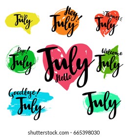 July calligraphic set with spot on the background. Brush calligraphy, hand lettering. For calendar, schedule, diary, journal, postcard, label, sticker and decor.