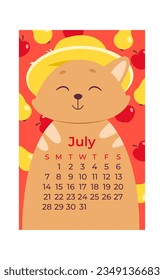 Ilustración vectorial del calendario de gatos de julio