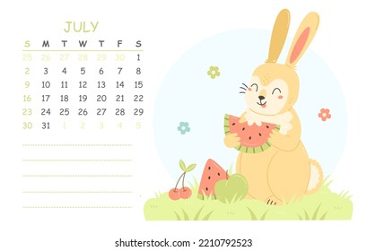 July children's calendar 2023 with an illustration of a cute rabbit eating watermelon. 2023 is the year of the rabbit. Vector summer illustration calendar page.