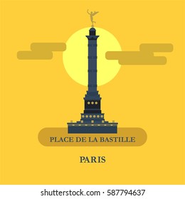 July column on place de La Bastille. Vector illustration. Paris, France. 