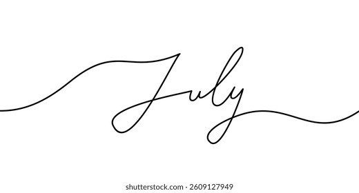 July continuous line word. Month of the year. minimal word handwritten inscription. simple Hand drawn lettering. Calligraphy. One line drawing of word. Vector illustration