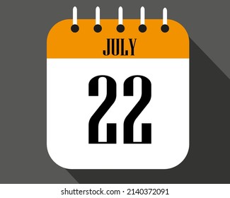 July day 22. calendar number on a white paper with orange color border on a black background vector.