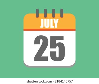 July day 25. Calendar icon for july. Vector illustration in orange and white on green background.