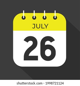 July day 26. Number twenty-six on a white paper with yellow color border on a black background vector.