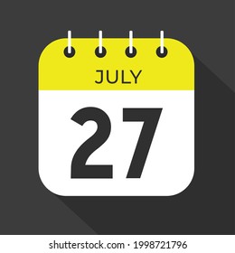 July day 27. Number twenty-seven on a white paper with yellow color border on a black background vector.