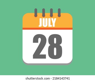July day 28. Calendar icon for july. Vector illustration in orange and white on green background.