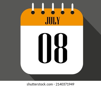 July day 8. calendar number on a white paper with orange color border on a black background vector.