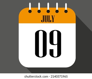 July day 9. calendar number on a white paper with orange color border on a black background vector.