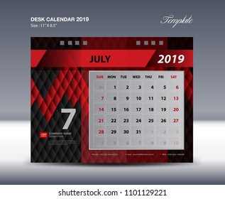 JULY Desk Calendar 2019 Template, Week starts Sunday, Stationery design, flyer design vector, printing media creative idea design, Black and red background